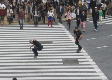 The busiest crossing in the world - the good view from starbucks got us this picture of skateboarders jumping 